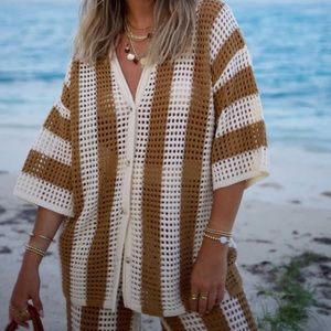 Vici x Caitlyn Bradley crochet button down cover up top NWT L